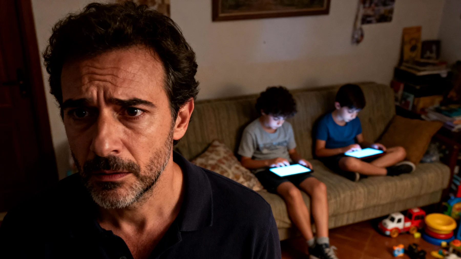 Papà preoccupato per l'eccessivo uso di smartphone e videogiochi da parte dei bambini, che trascorrono ore davanti agli schermi invece di giocare all'aperto o fare attività creative, creando tensioni quando cerca di limitare il tempo tecnologico"